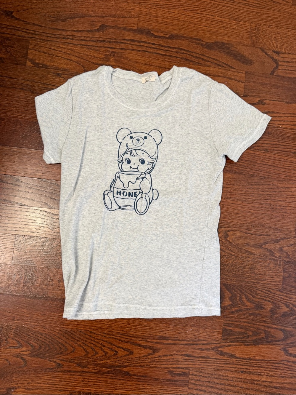 Brandy Melville Light Grey Tee with Navy Honey Bear Graphic
